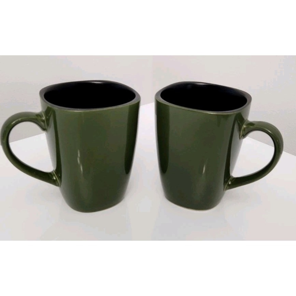 2 Corelle Hearthstone Green Coffee Mugs Stoneware Square Cups 4 1/2" Tall